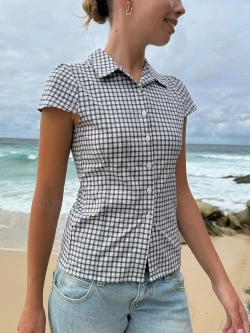 Navy & white plaid  Slim-fit Short Sleeve Collared Shirt